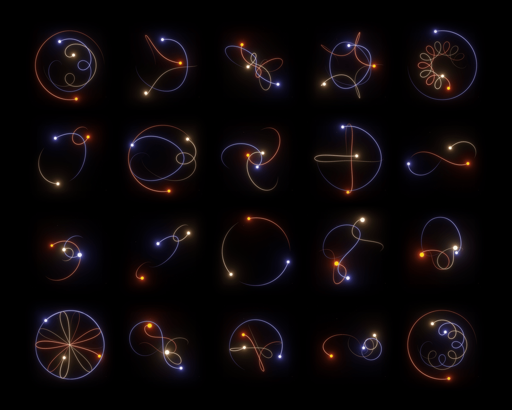 Le contributeur Wikipedia Perosello a réalisé une visualisation animée de 20 exemples de solution du problème à trois corps. Le contributeur Wikipedia Perosello a réalisé une visualisation animée de 20 exemples de solution du problème à trois corps.