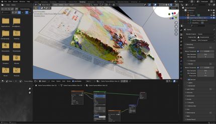 Mise en avant du processus de cartographie 3D dans Blender, avec l'élévation et les nodes utilisés pour notre carte