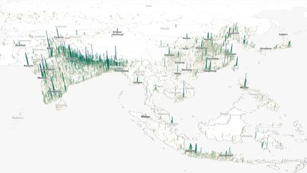The Pudding nous offre une expérience interactive qui permet de visualiser la répartition de la population mondiale sous forme de pics en 3D. Un mélange de cartographie et d'histogramme très réussi