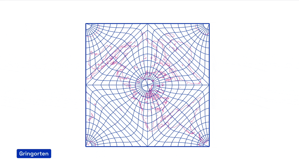 gif animé mettant en avant diverses projections cartographiques : bonne, rhombic, Van der Grinten IV, gringorten, Behrmann, Breusing Geometric, Apian Globular I, Bromley-Mollweide