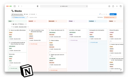 notion, l'outil qui nous permet d'organiser nos contenus de newsletter, outil idéal pour nos cerveaux fans de bases de données et de travail collaboratif : vous pouvez en effet y organiser votre information comme vous le souhaitez, connecter des espaces entre eux, regarder les listes sous des angles différents (table, agenda, kanban...).