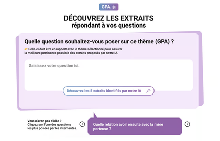 L'interface de l'explorateur de podcasts développé par WeDoData pour Les Enfants Vont Bien permet de rechercher des extraits à l'aide d'une requête en language naturel, grace à l'intelligence artificielle.