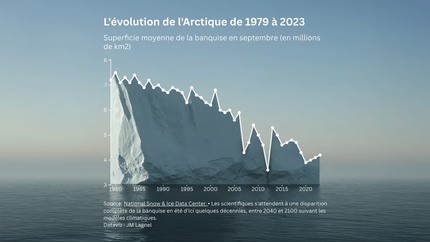 Photoviz réalisée par Jean-Marie Lagnel avec l'aide de l'intelligence artificielle (Vizcom) pour figurer l'évolution de la superficie de l'arctique.