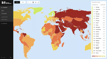 Dataset de l'indicateur de liberté de la presse, publié par Reporters sans frontières sur cette plateforme avec une visualisation cartographique