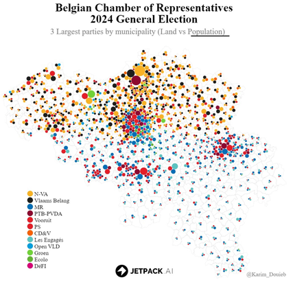 Carte de Belgique représentant le résultat du vote aux élections legislatives de 2024 avec des bulles dont la taille varie en fonction du nombre d'électeurs.