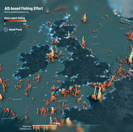 Représentation par des barres animées de l'effort de pêche dans les eaux du nord de l'Europe estimée grâce à des données issues de balises AIS