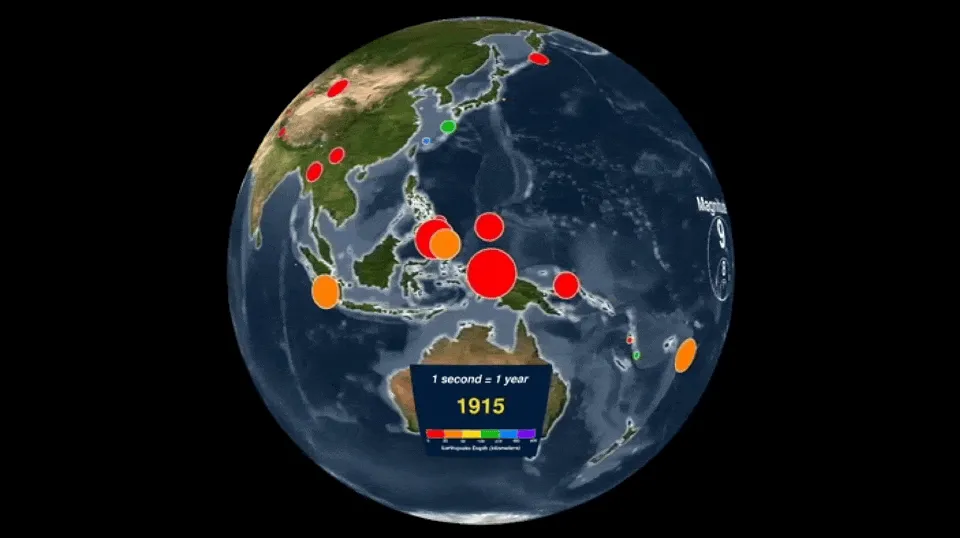 Ce globe animé, selectionné par Maxime Blondeau, permet de visualiser l'ensemble des tremblements de terre enregistrés sur Terre, leur fréquence et leur magnitude, depuis l'an 1900