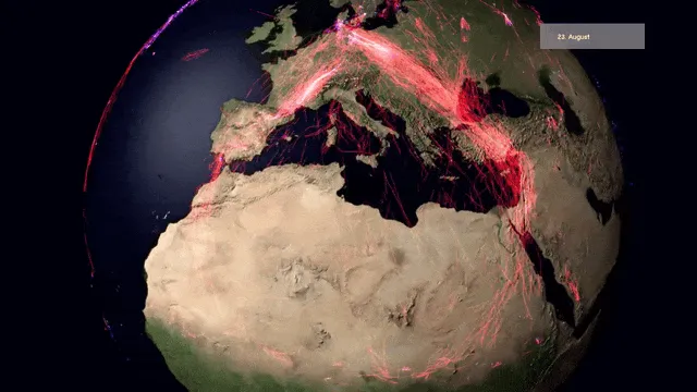 Ce globe animé, selectionné par Maxime Blondeau, représentant les migrations de nombreuses espèces d'animaux sur Terre. Les données proviennent de balises GPS.