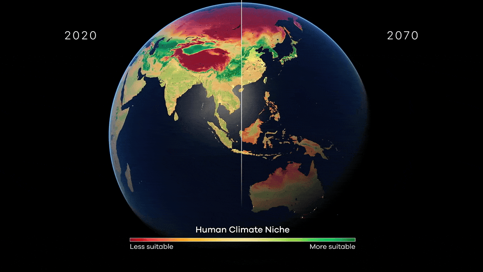 Ce globe animé, selectionné par Maxime Blondeau, représentant l'évolution des zones habitables par l'homme, entre 2020 et 2070.