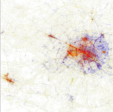 Cette cartographie de Paris, sous la forme de heatmap, représente l'activité touristique des quartiers. Elle s'appuie sur les métadonnées des photos prises avec nos téléphones portables.