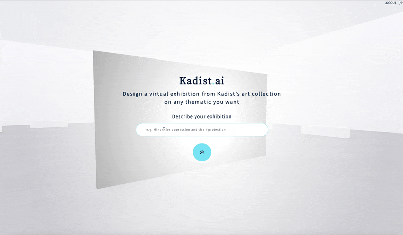 L'expérience Kadist.ai vous invite à décrire le thème de l'exposition que vous souhaitez créer. Une intelligence artificielle se chargera d'identifier les oeuvres les plus pertinente et de créer une description de l'exposition.