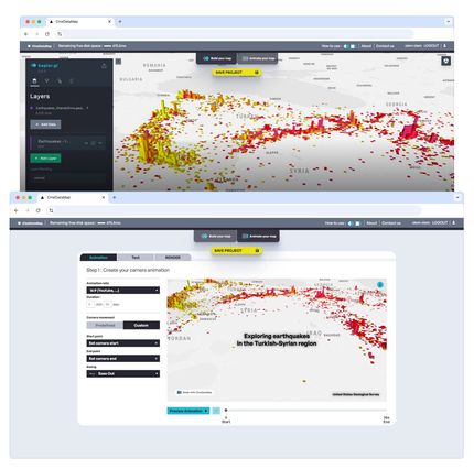 interface de l'outil cinedatamap permettant de données du relief aux données et de les visualiser en vidéo