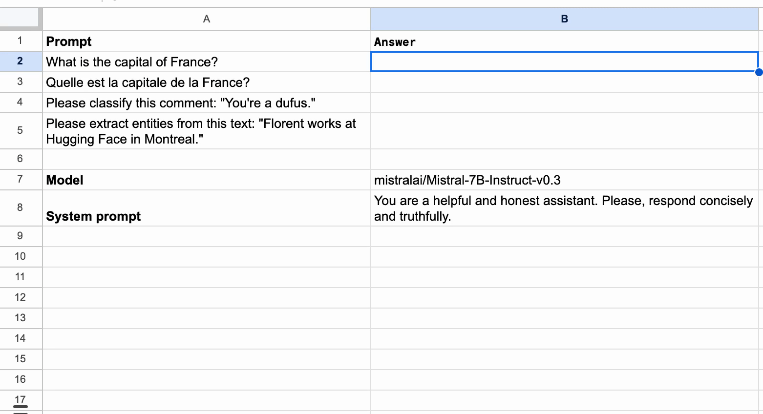 hugging face on sheets pour interagir en langage naturel avec vos données dans la feuille de calcul google sheets
